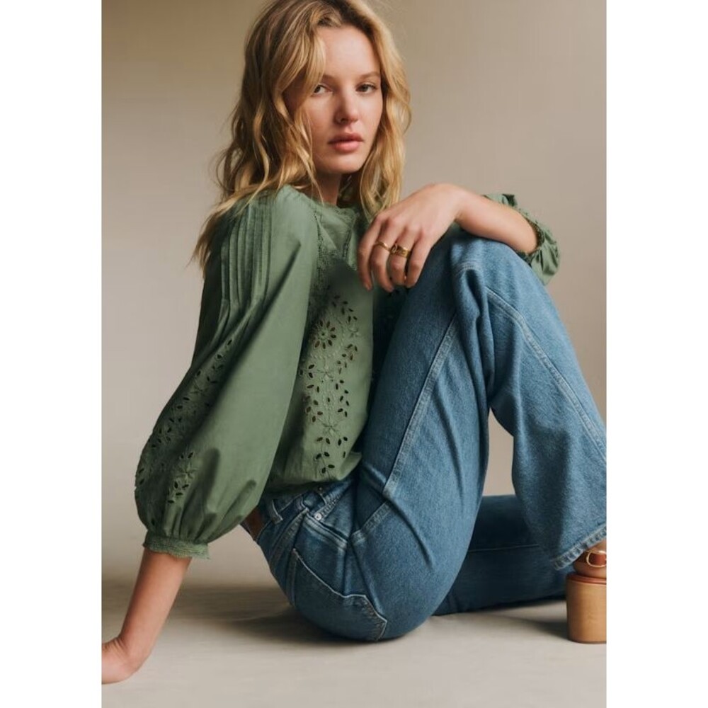 Sezane Enea Blouse Women's Top Eyelet Lace Embroidered Cotton Sage S-36 288882 - Picture 4 of 9